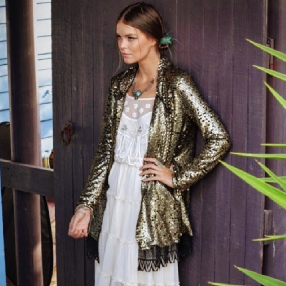 Free People “Boho” sequin gold jacket